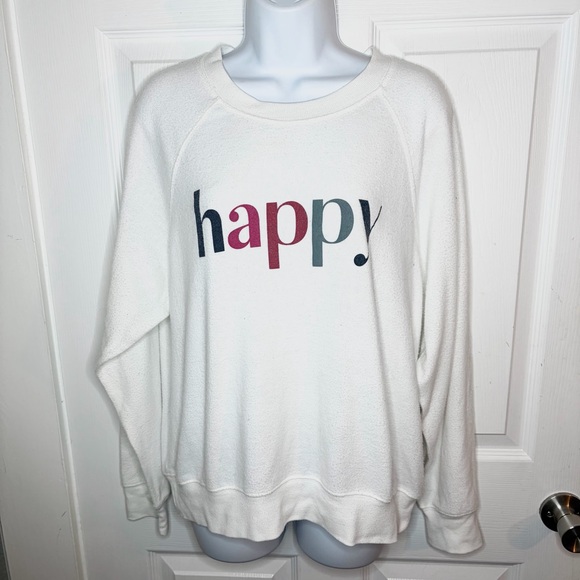 Z Supply Happy Graphic Print Sweatshirt Ivory White Crew Neck Lightweight M - Picture 3 of 11